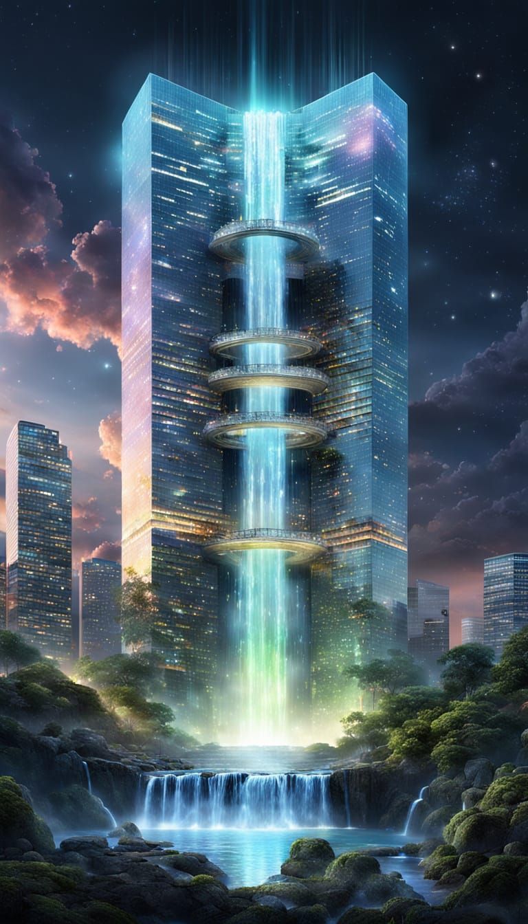 Shimmering Megastructure Waterfall in Cosmic Urban Landscape