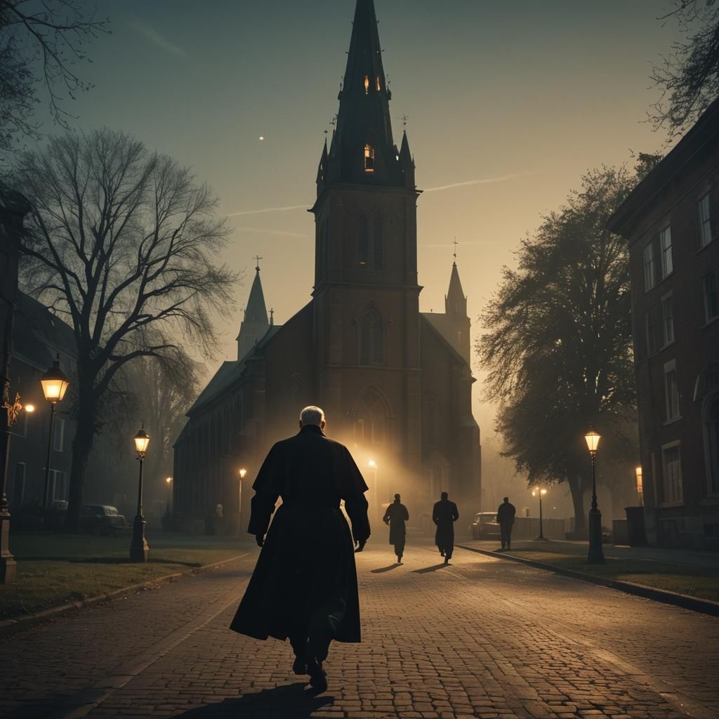 Frightened Bishop Runs to Church in Film Noir Style
