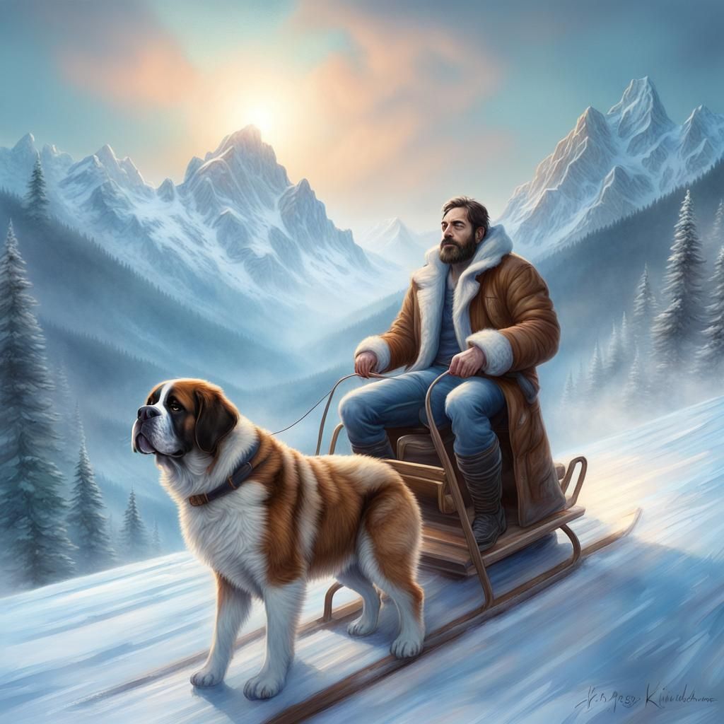 Saint Bernard Dog Sledding in Ethereal Mountain Scene