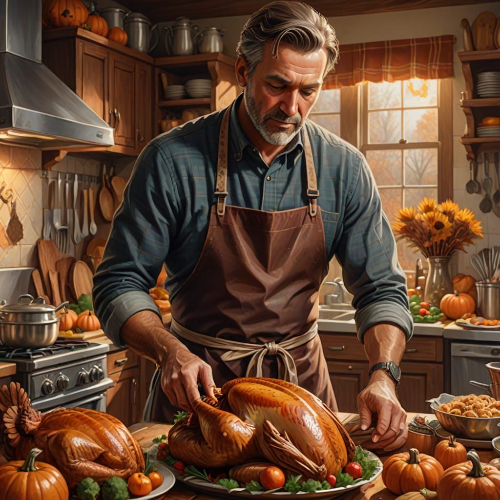 Man Prepares Thanksgiving Turkey in Warm Kitchen