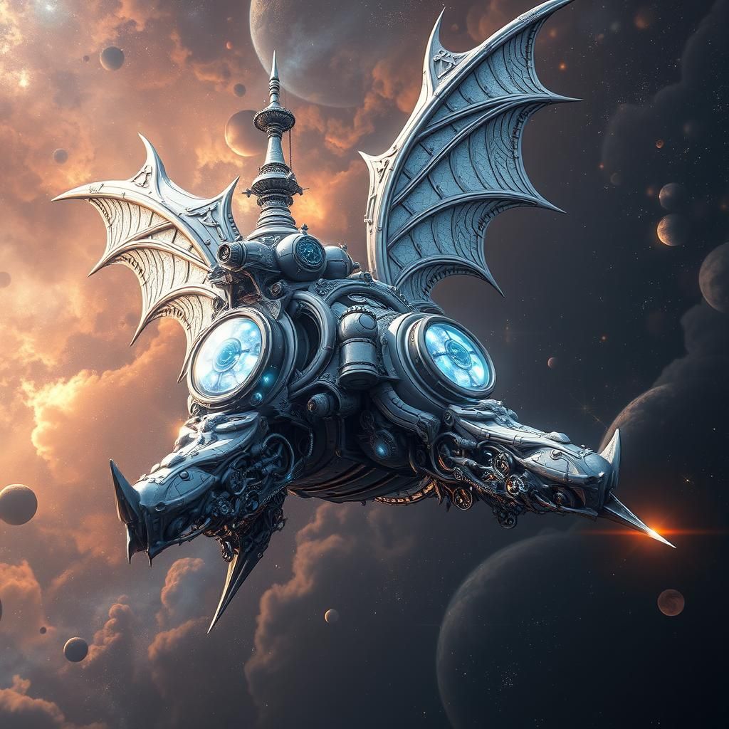 Dragon Batlike Vessel Navigates Time in Cosmic Winds