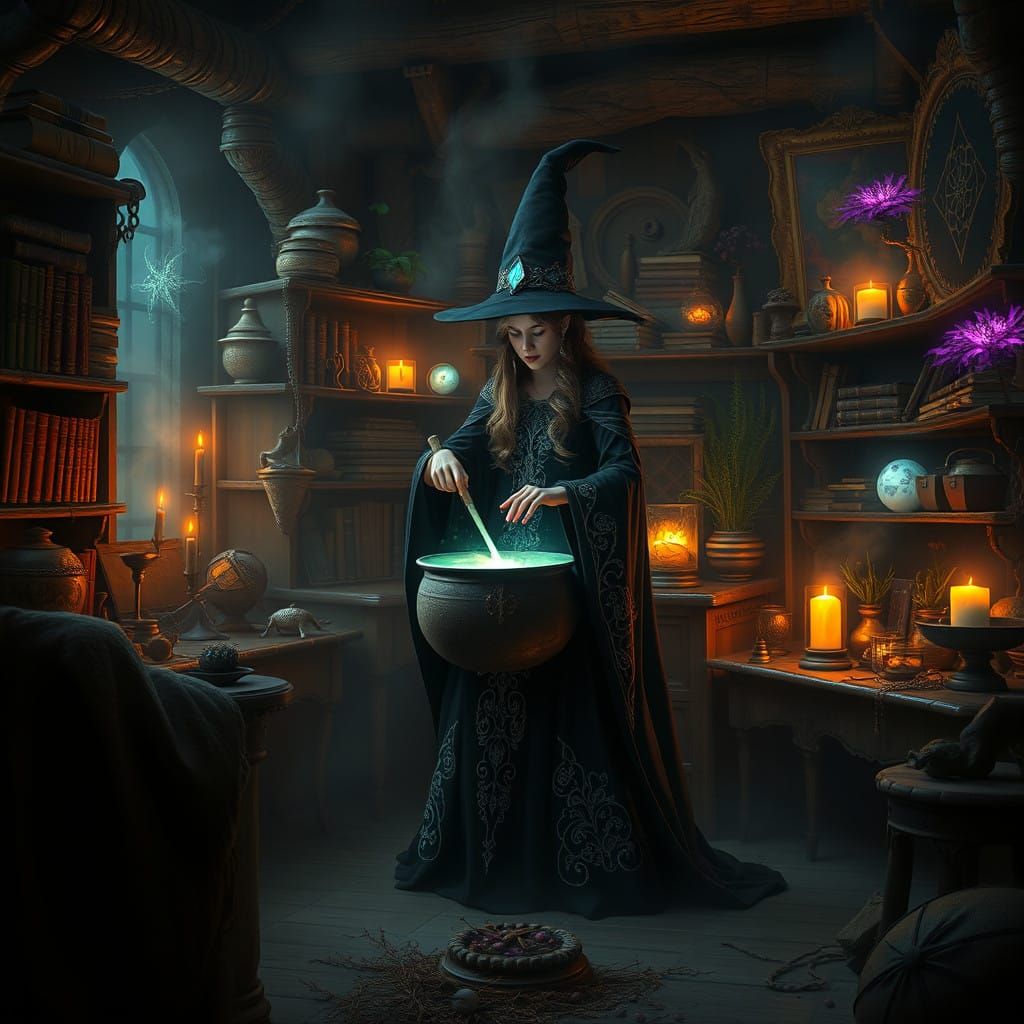 Enchanted Witch Stirs Mystic Potion in a Dimly Lit Laborator...