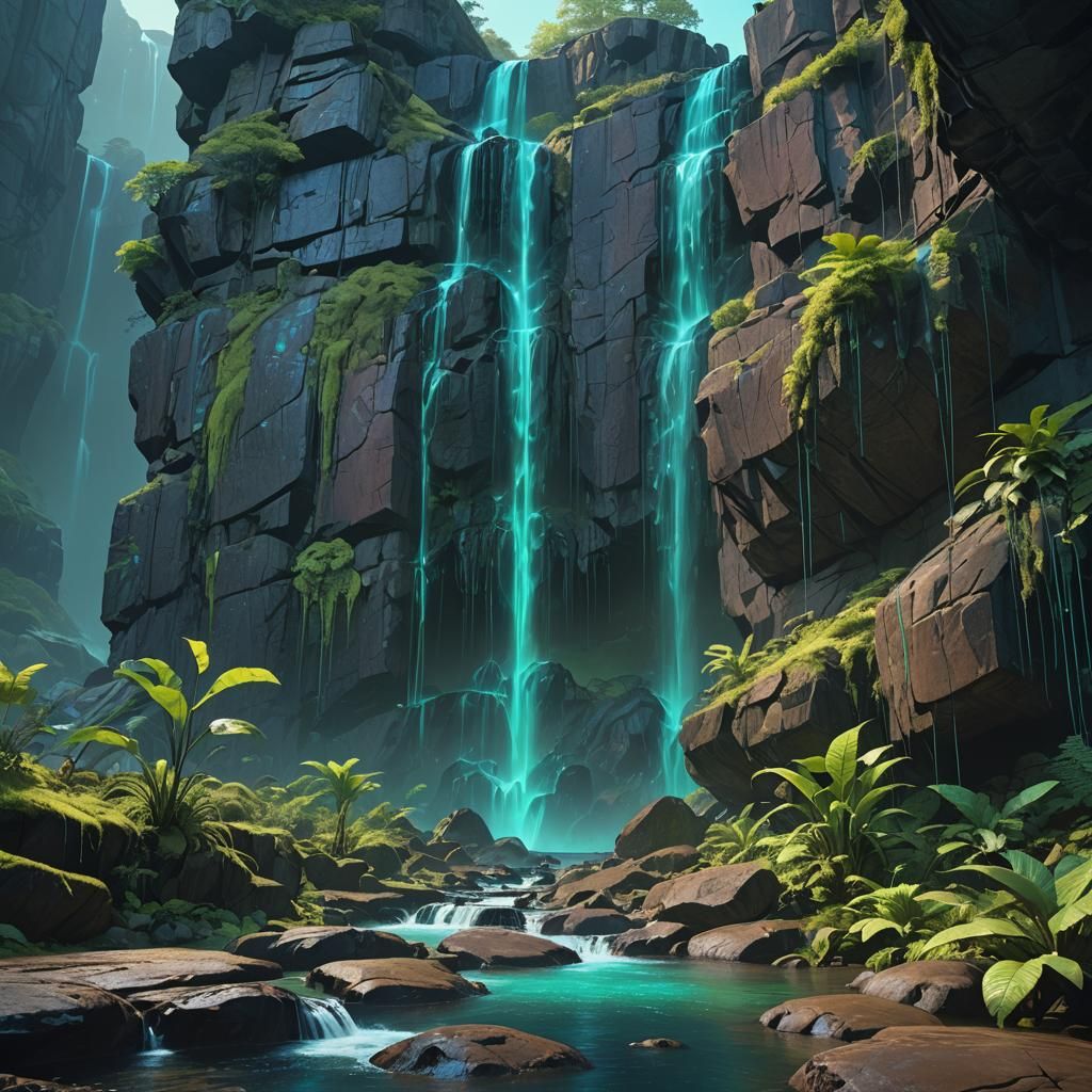 Neon Waterfall in a Sci-Fi Landscape
