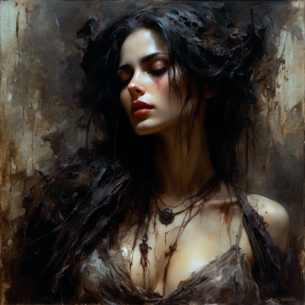 Gothic Woman in Burgundy: Macabre Oil Painting