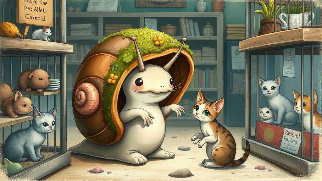 Whimsical Snail Reaching for Kitten in Pet Store