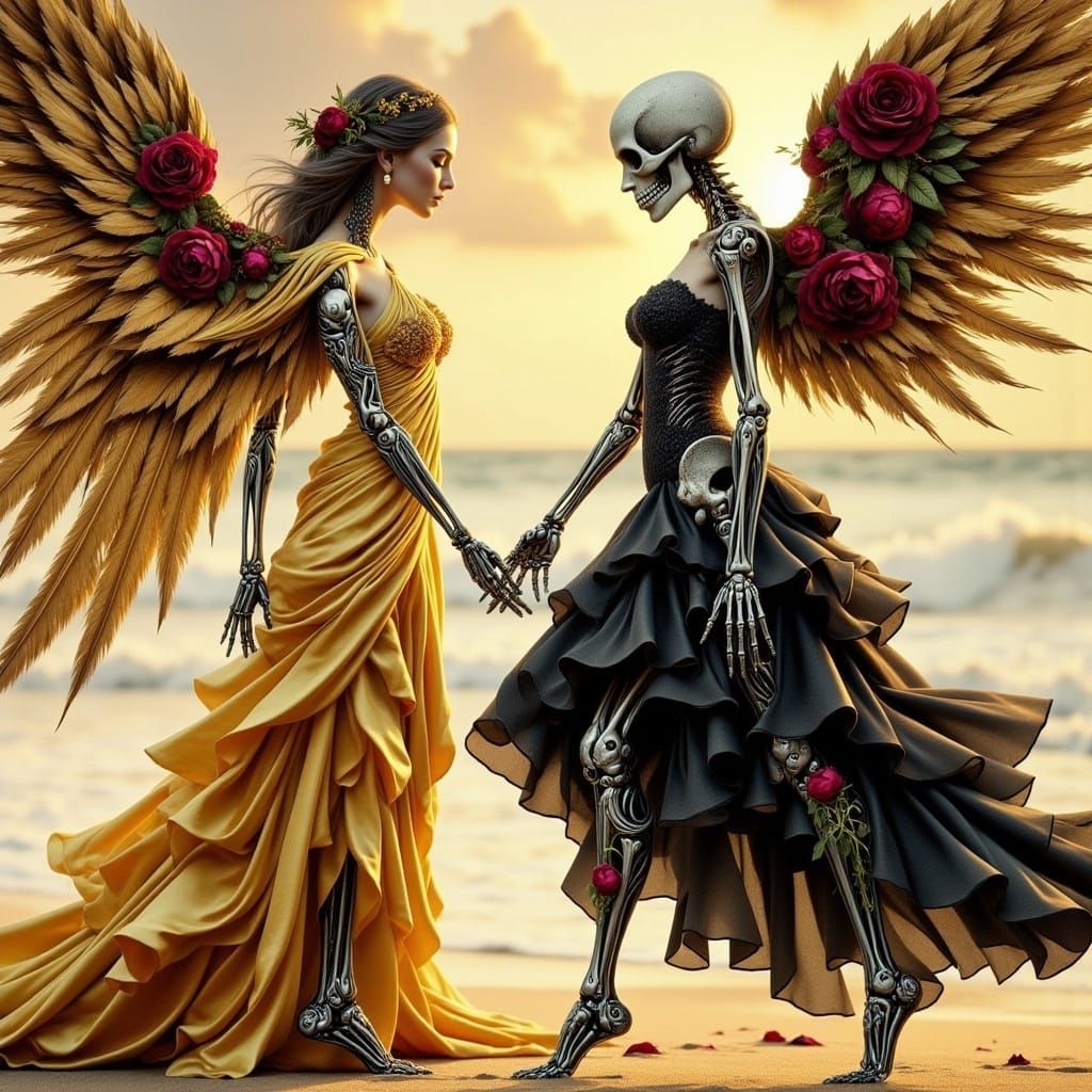 Angelic Woman and Gothic Skeleton Emerge from Cards