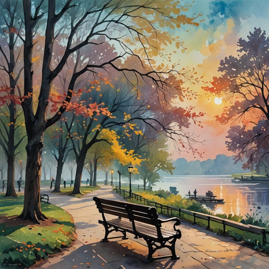 Foggy Park Sunrise in Gouache Style Watercolor