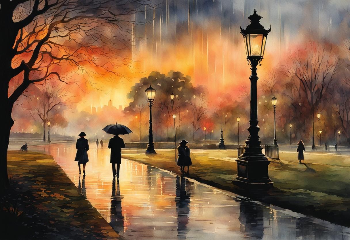 Rainy Park Sunset: A Watercolor Masterpiece