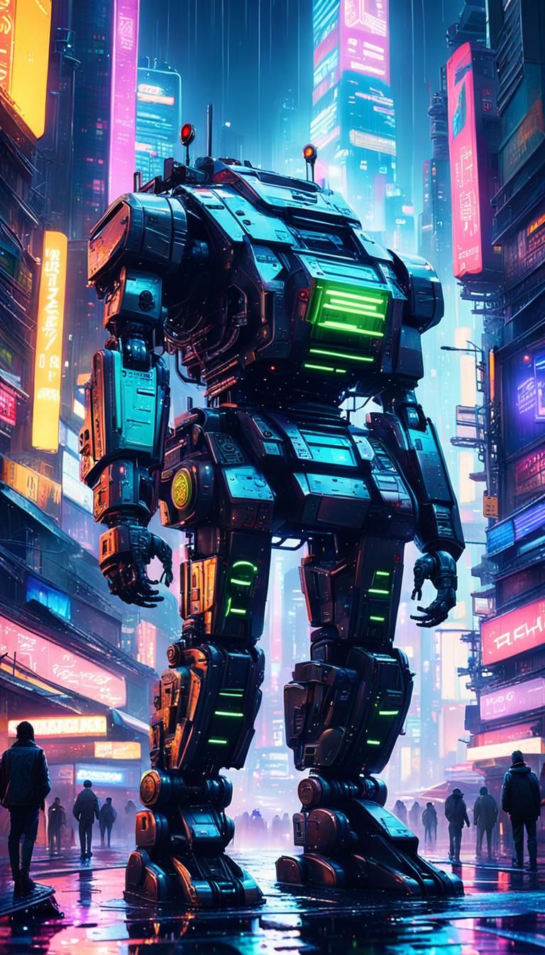 Gigantic Cyberpunk Sencha Robot Dominates Futuristic Citysca...