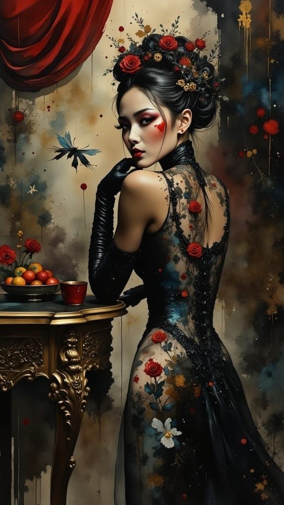 A breathtakingly beautiful woman with alabaster skin and raven tresses, draped in a resplendent, floor-sweeping gown fea...