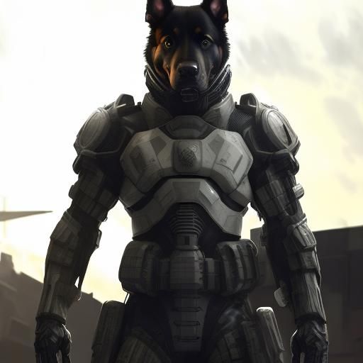 Futuristic anthro dog soldier, detailed black armor, full body sci-fi, RIFTS, human with german shepherd head, wearing w...