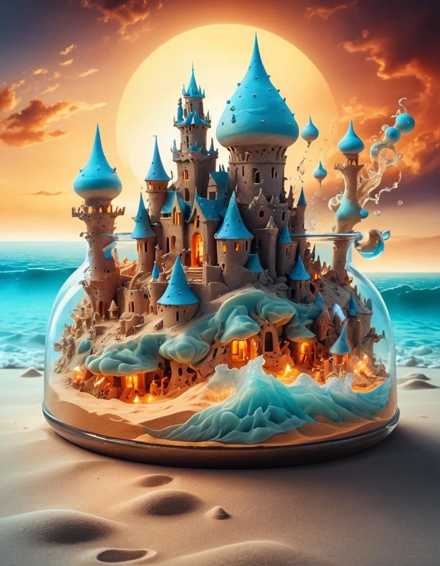 Sand Castle Sunset in a Bottle, Surrealist Style