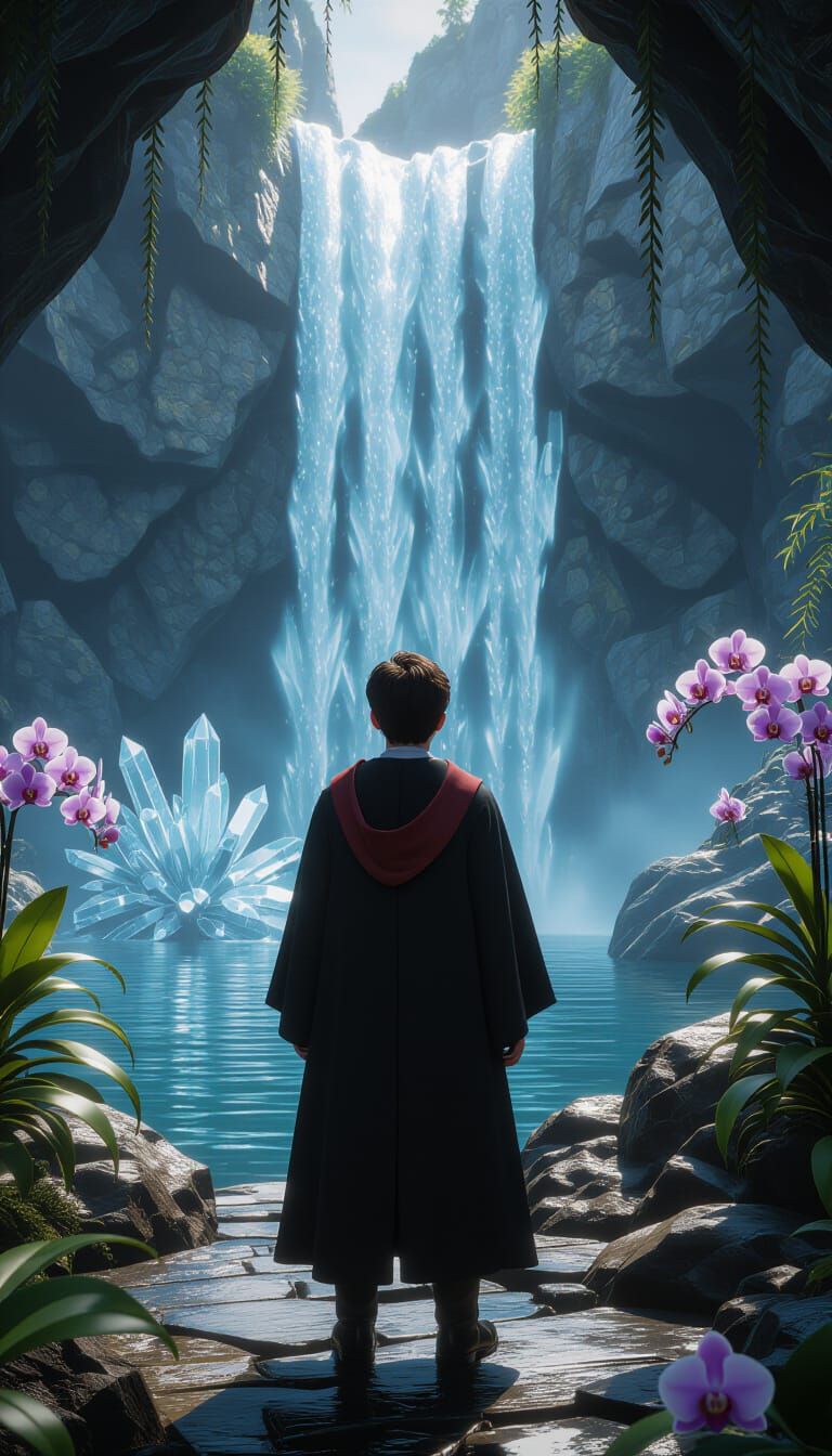 Harry Potter at Crystalline Waterfall, Surreal 8K Scene