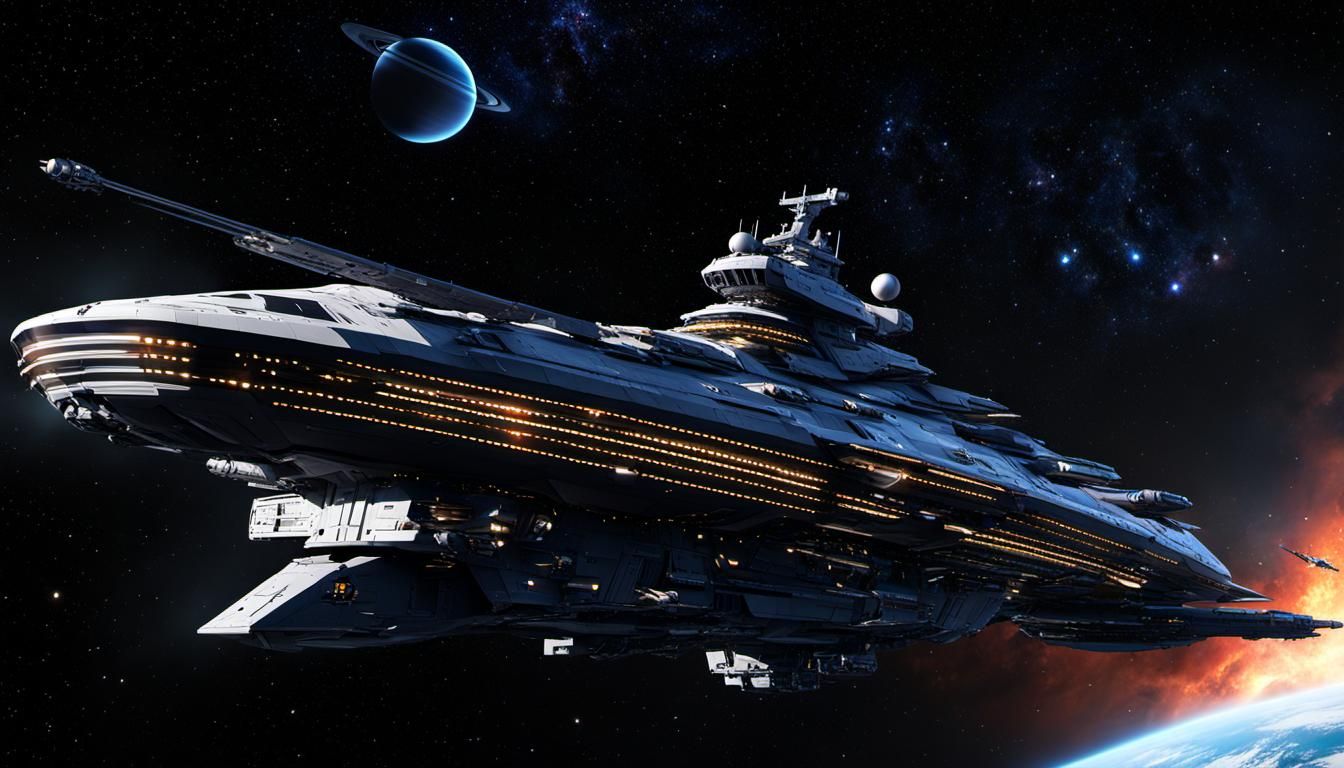 Realistic Space Battleship with Saturn in 3D Anime Art