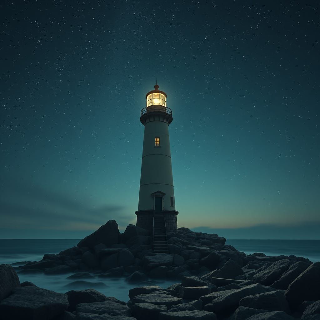 Lighthouse Under Starry Sky in Dreamy Digital Art Style