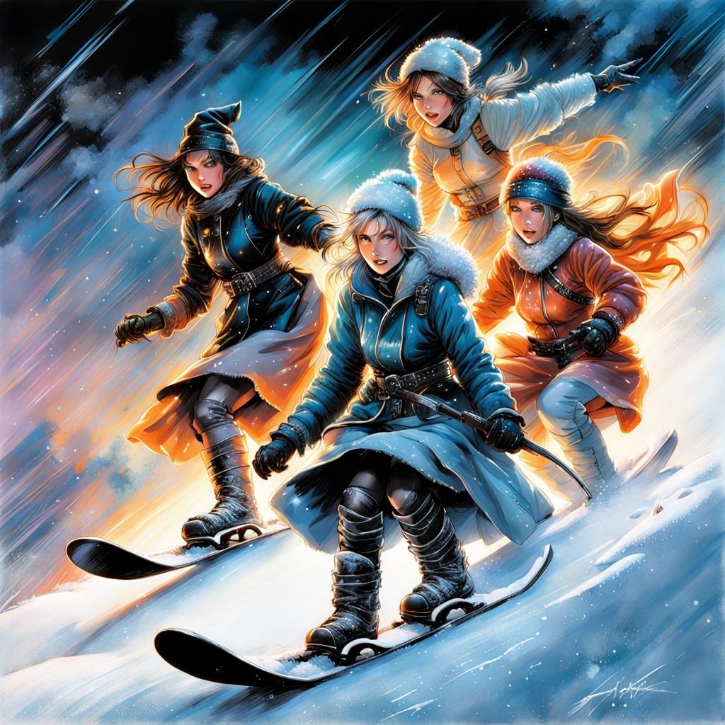 Witches Snowboarding at Winter Dawn