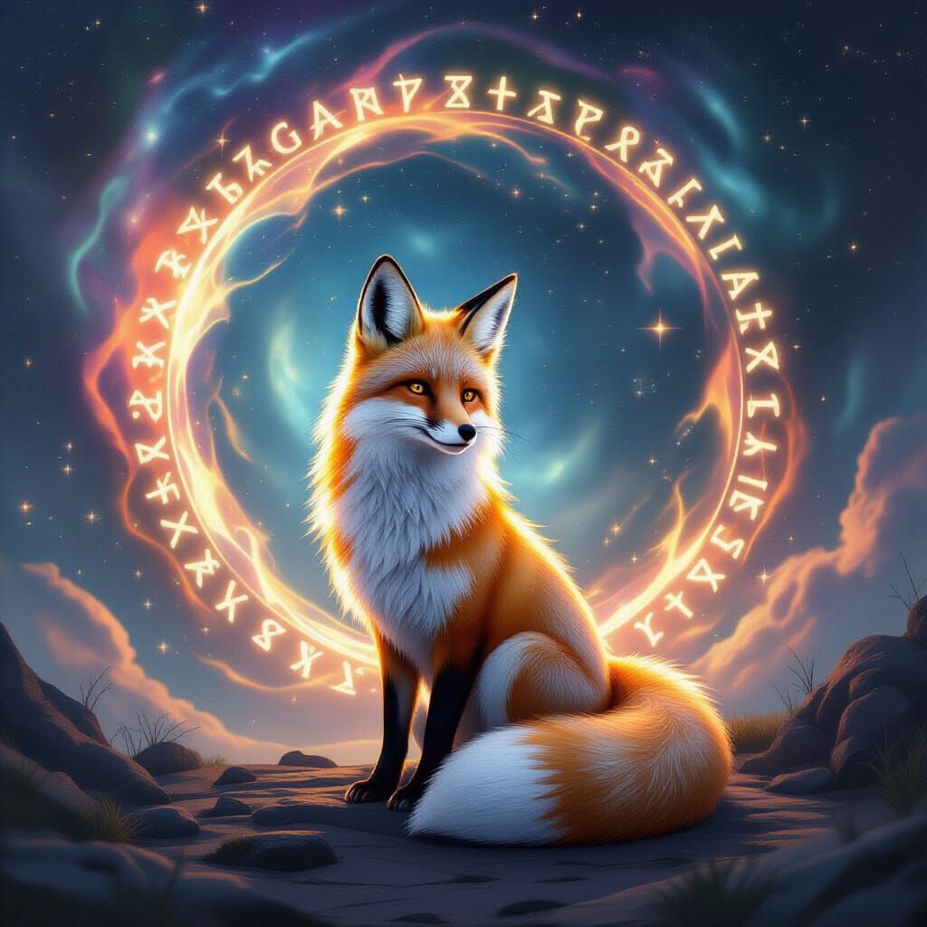 Nebula Fox Before Cosmic Portal With Glowing Runes