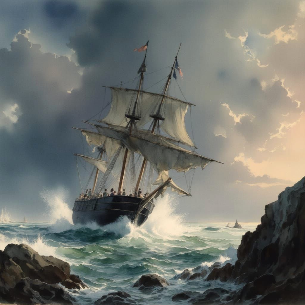 Stormy Seascape Painting of Shipwreck at Night