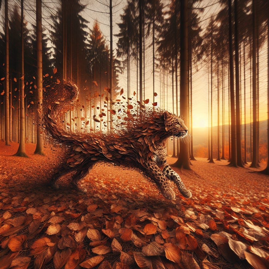 Autumn Leopard Emerge from Whirlwind in Creepy Forest