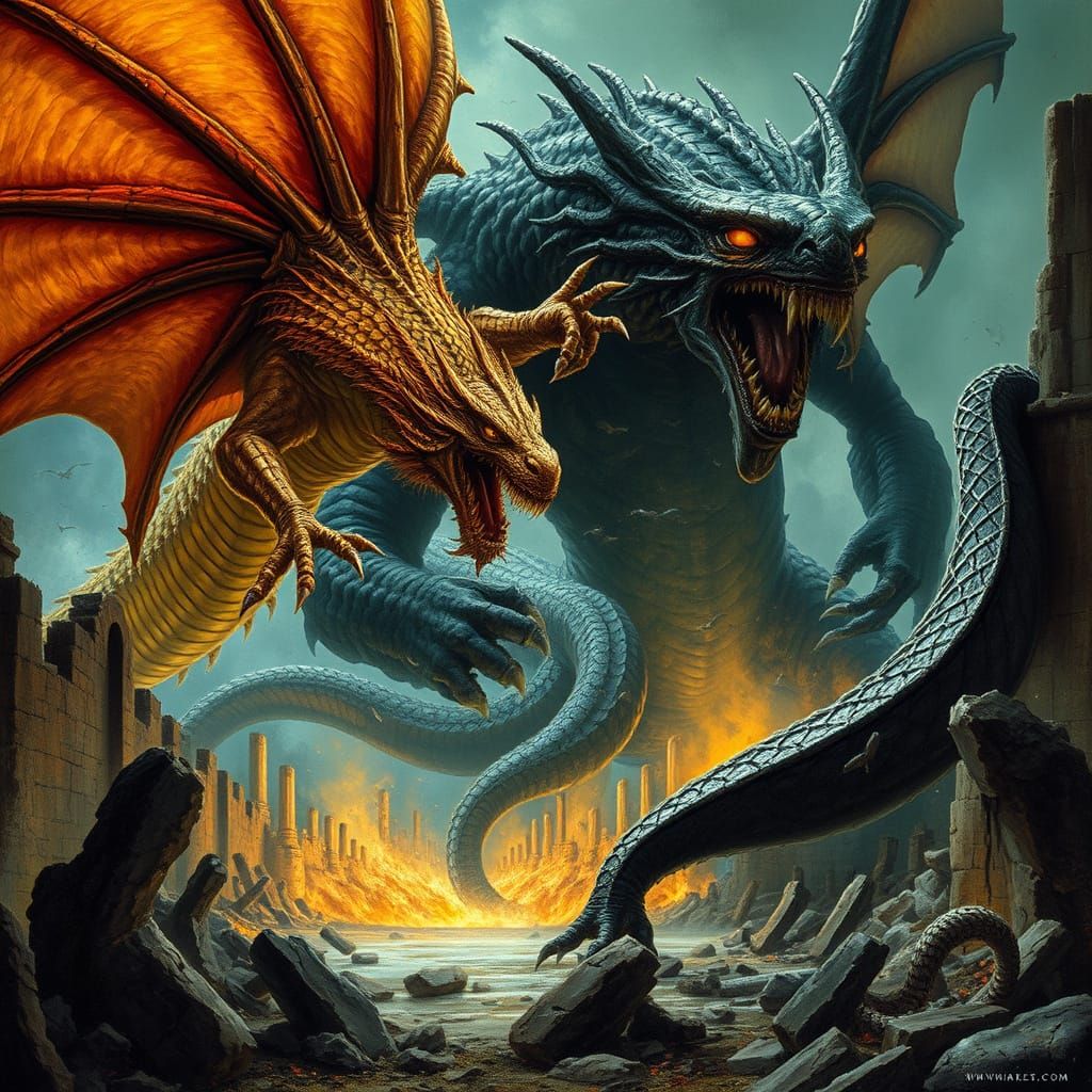 Epic Battle of Smaug and Shelob in a Ruined Cityscape