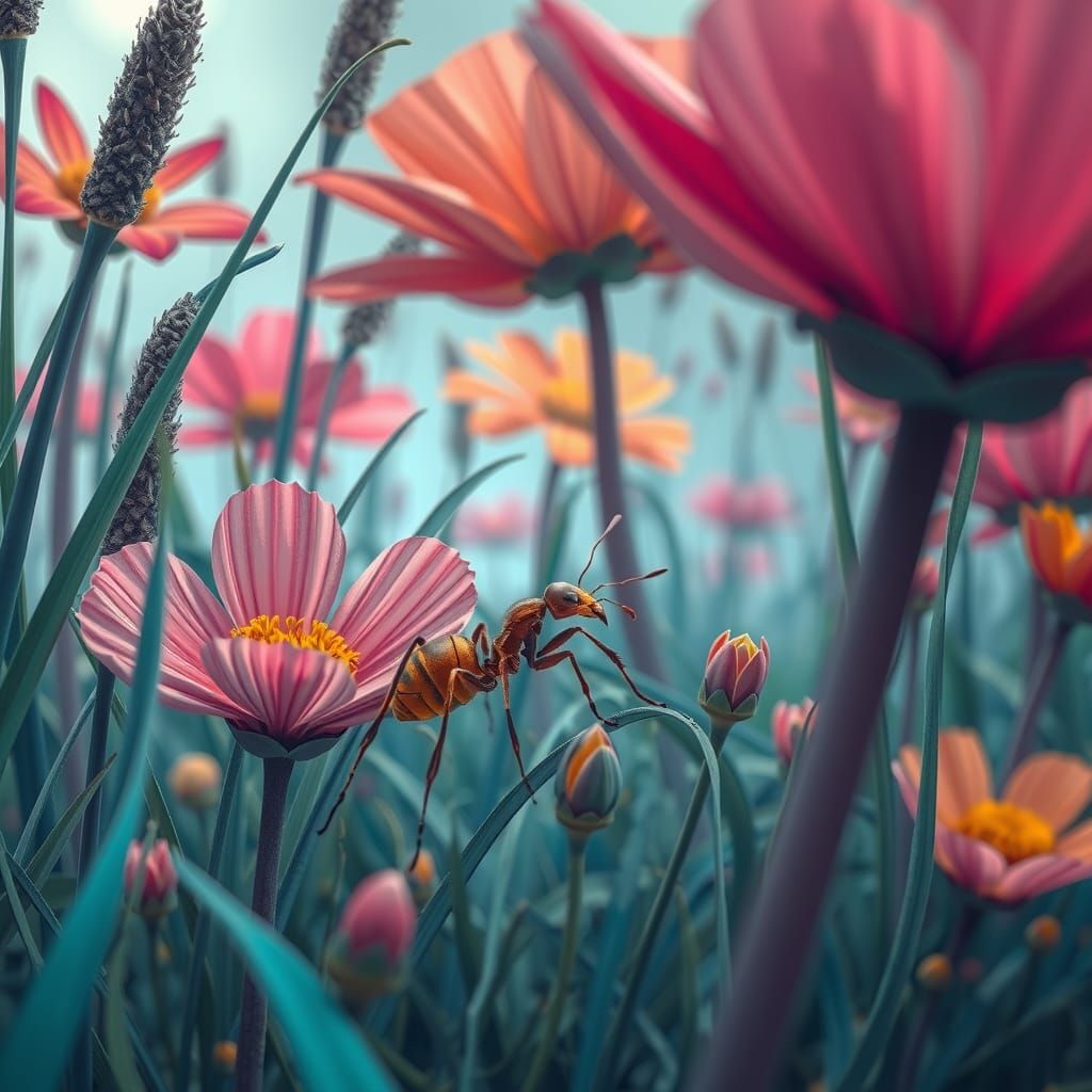 Ant in Surreal Landscape, Anime-Inspired Dreamscape