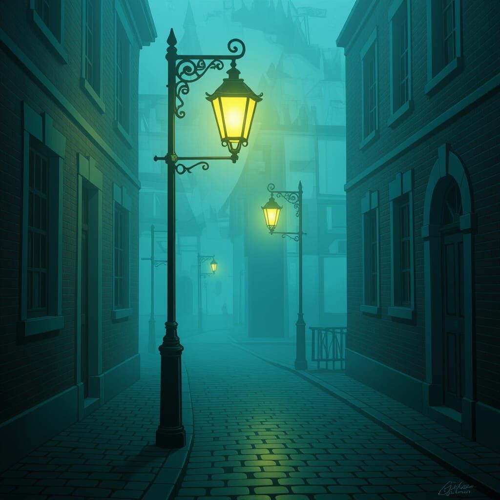 Menacing Streetlamp in Foggy Alleyway