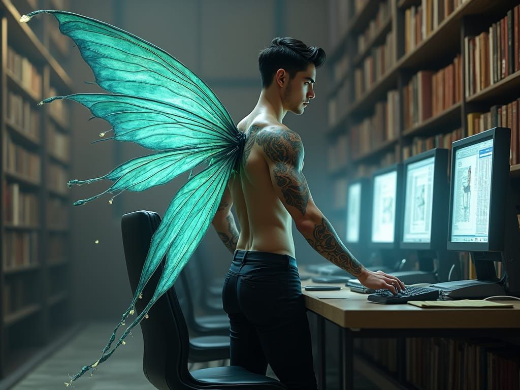 Ethereal Modern Fairy Amidst Cyberpunk Library
