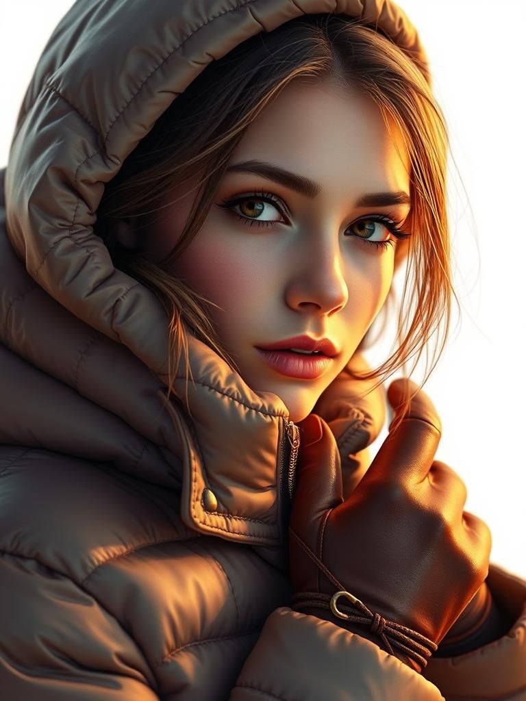 Young Woman in Puffer Jacket, Hyperrealistic Illustration