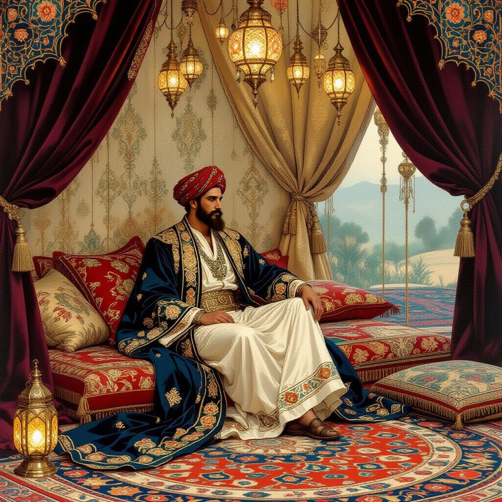 Opulent Tent Interior with Flying Carpet, Art Nouveau Style