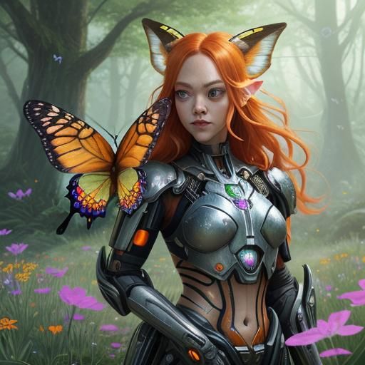 Cyborg Elf Goddess in Biopunk Forest, Digital Art