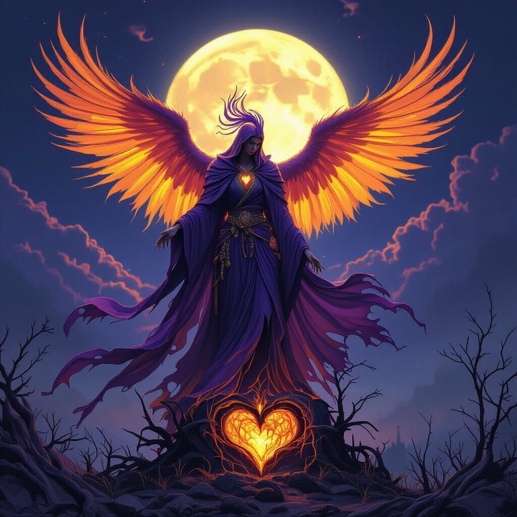 Phoenix Rising from Decaying Heart in Dark Fantasy Style