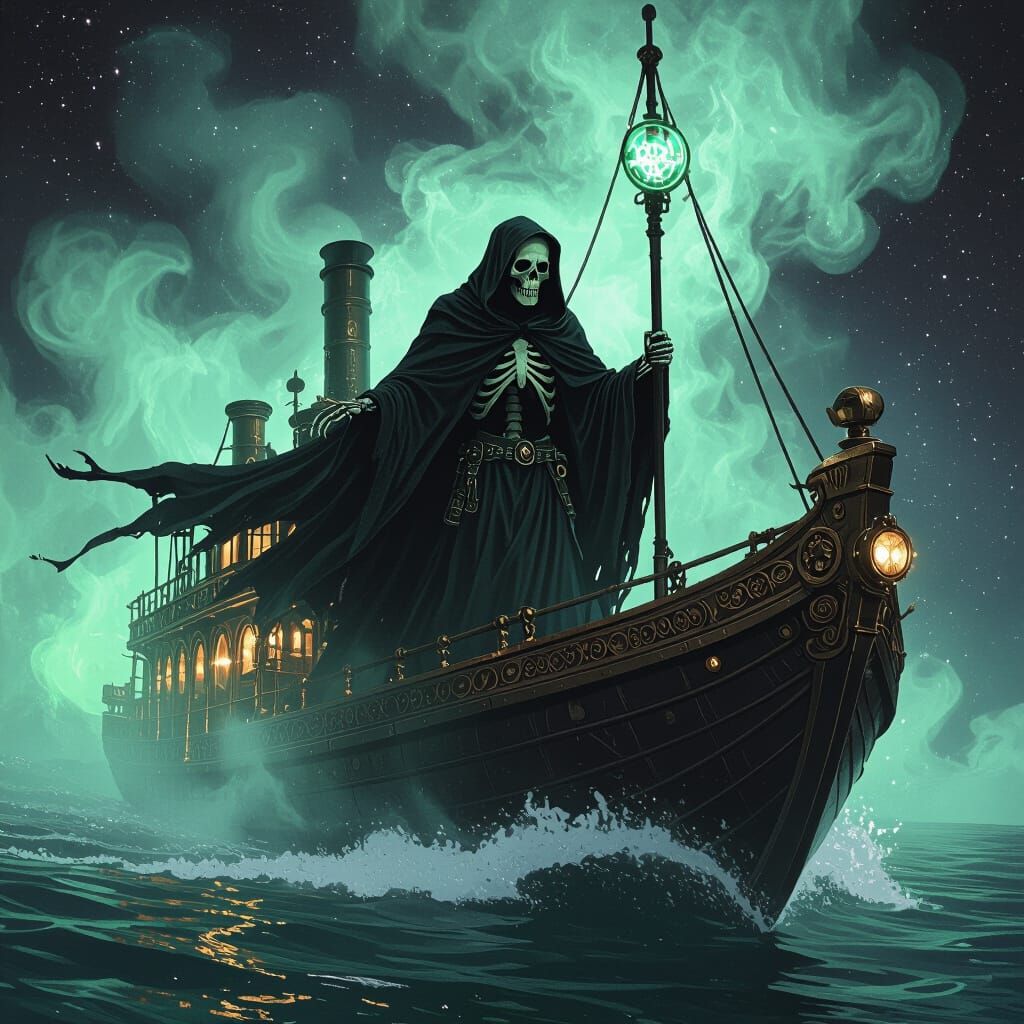 Grim Reaper Steers Futuristic Steamboat Through Cosmic Void