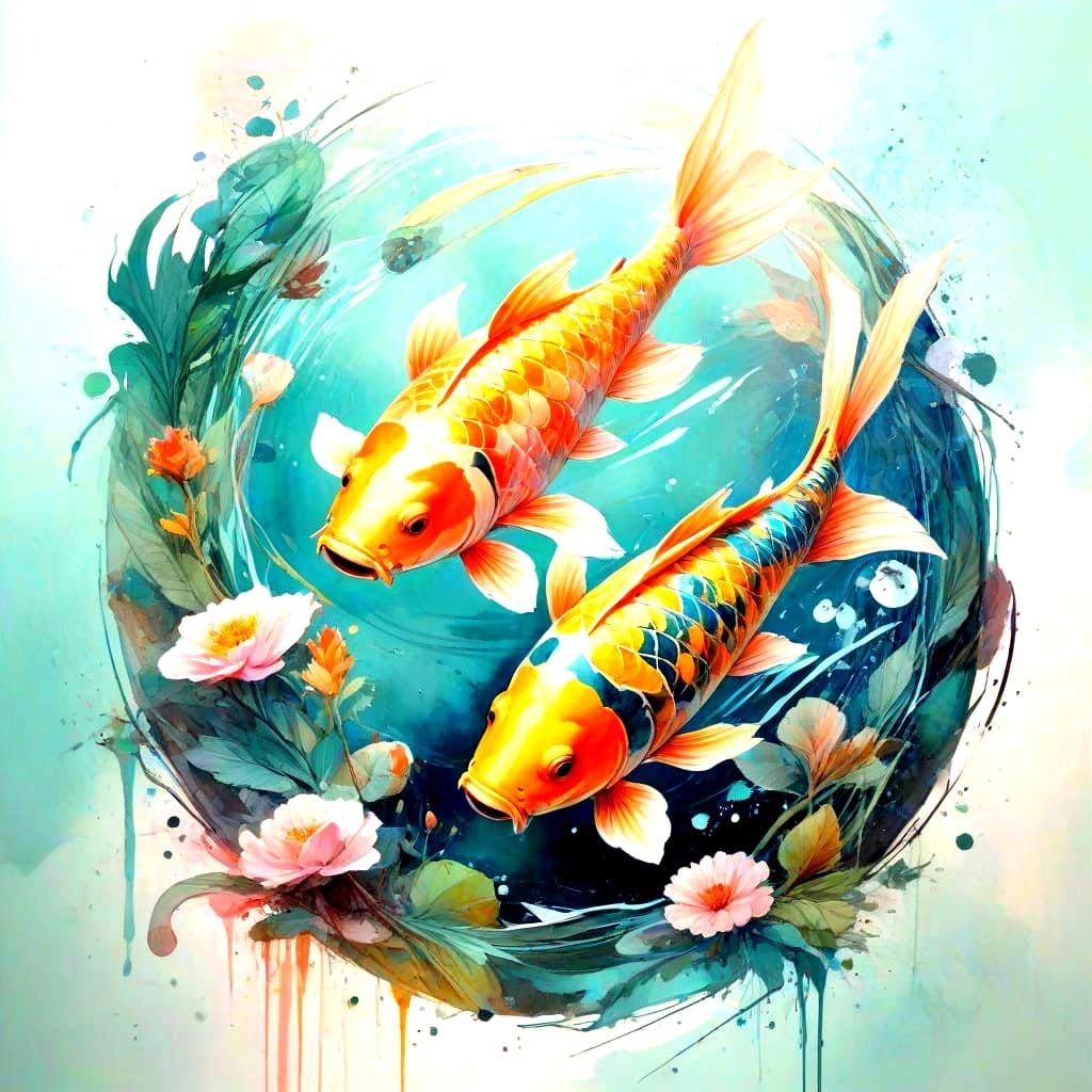 Dreamy Watercolour Landscape with Coy Carp in Whimsical Spla...