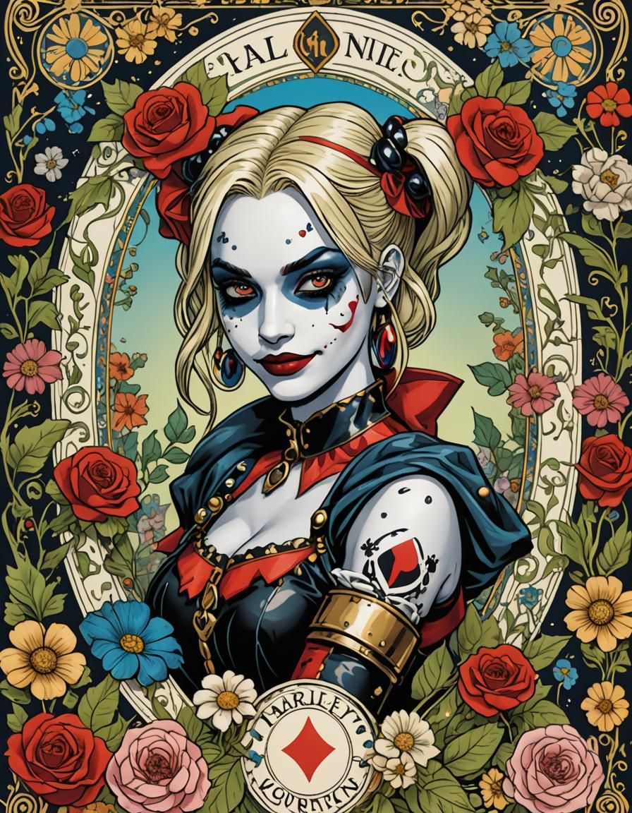 Harley Quinn Tarot Card with Floral Border