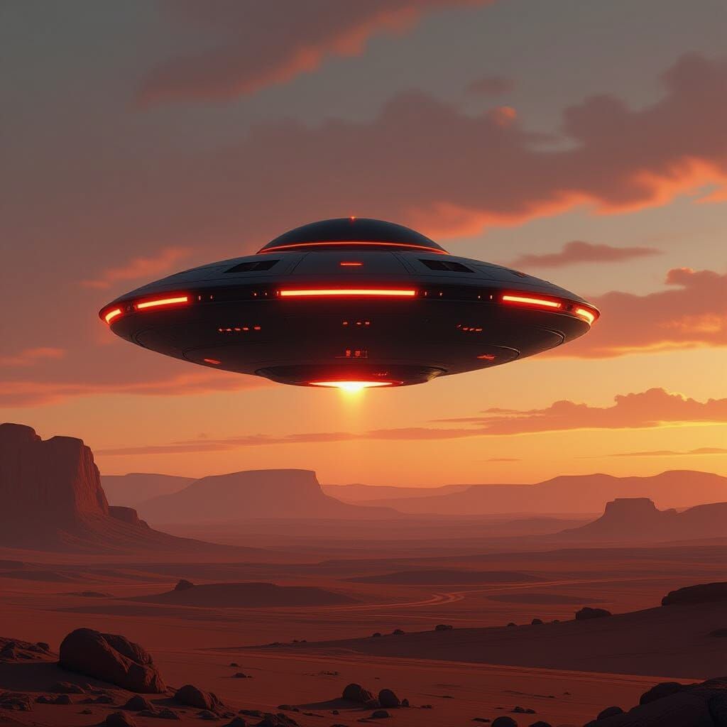 UFO Soaring Over Mars in Futuristic Landscape