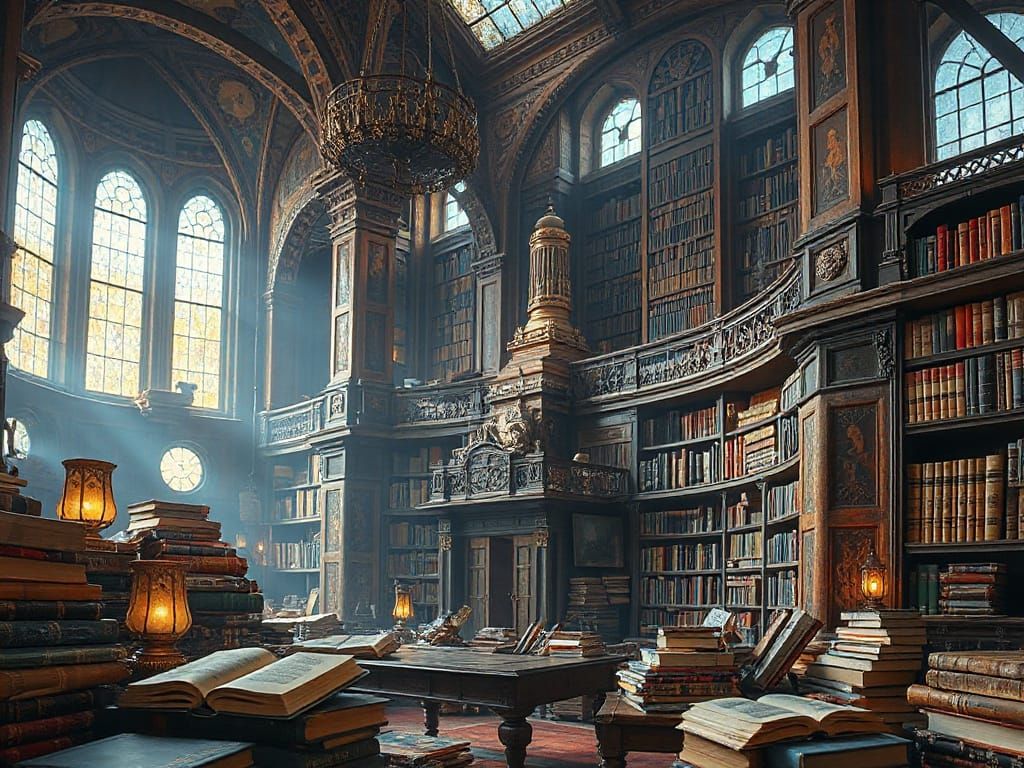Majestic Castle Library in Digital Painting Style
