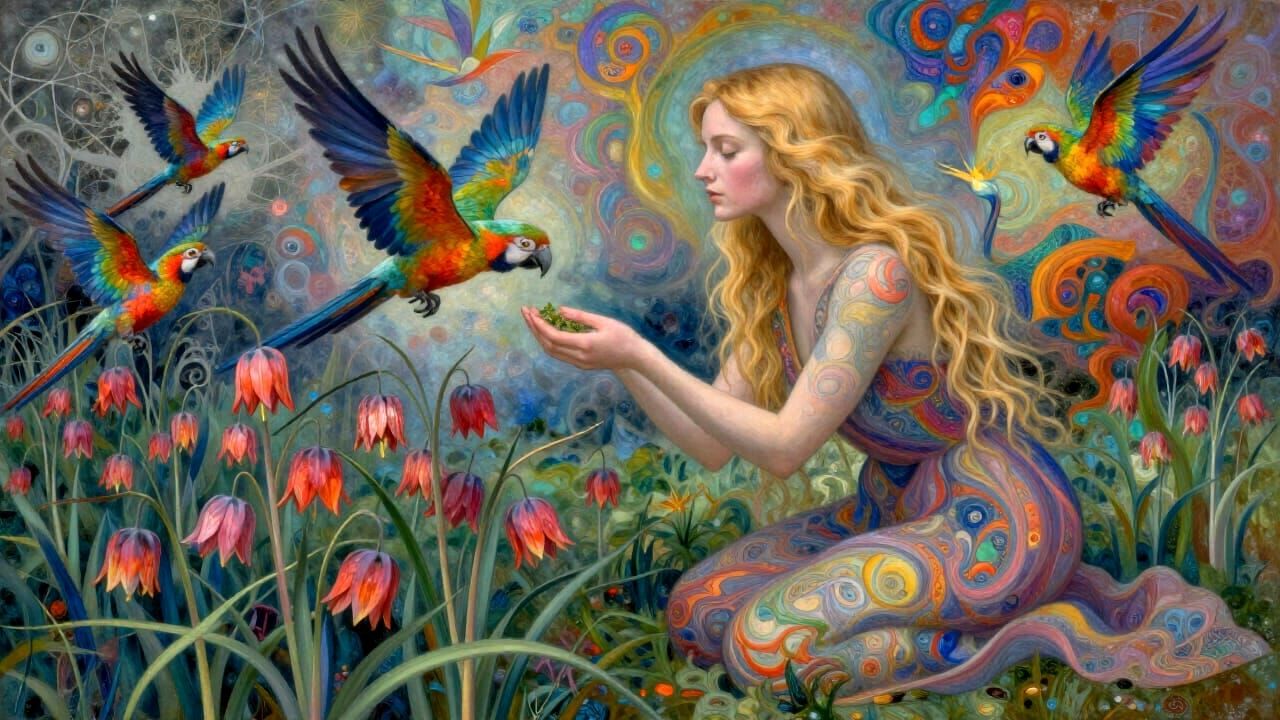 Golden-Haired Woman Feeds Iridescent Parrots Amidst Fritilla...