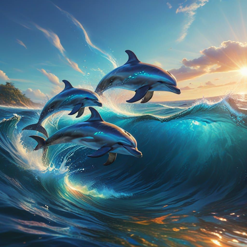 Crystalline Dolphins in a Vibrant Ocean Painting