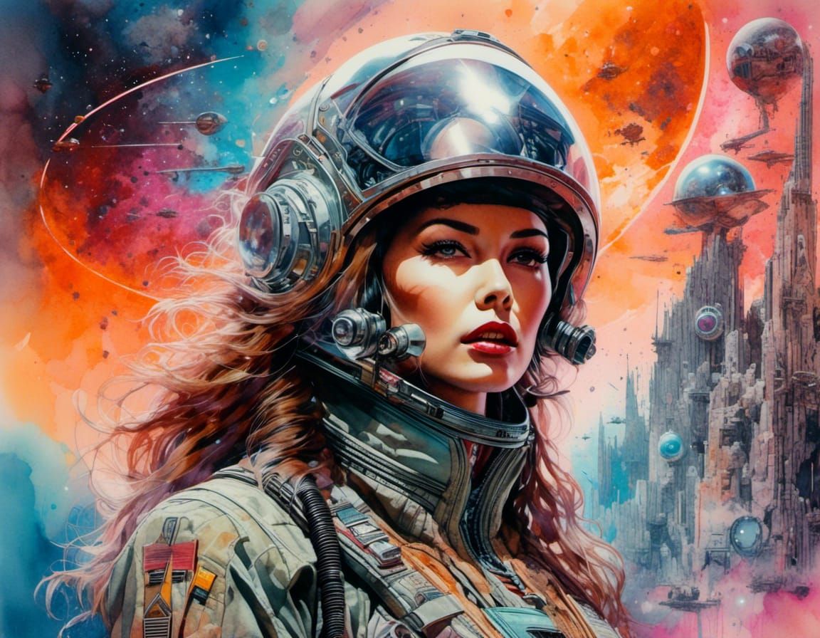 Retrofuturist Cyberpunk Pinup Girl on Alien Planet