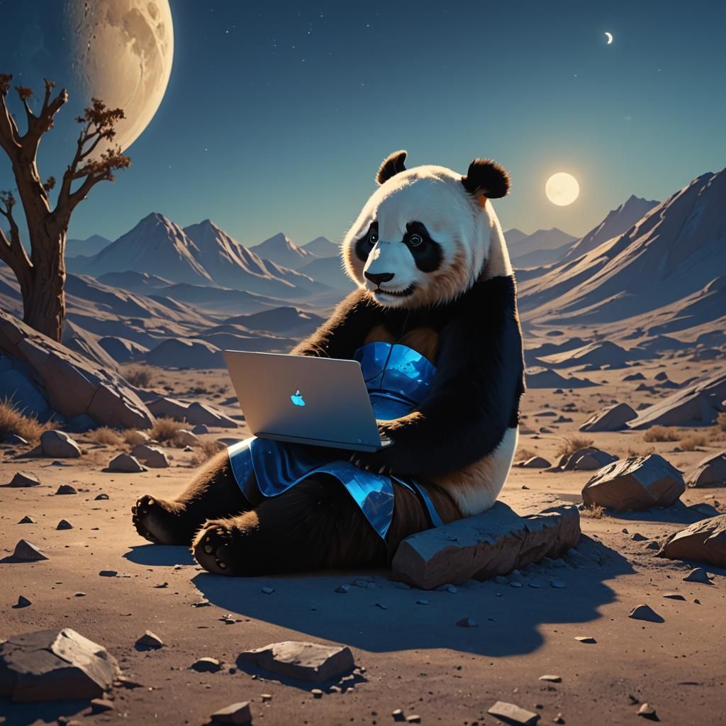 Panda on Moon Working on Laptop in Syd Mead Style