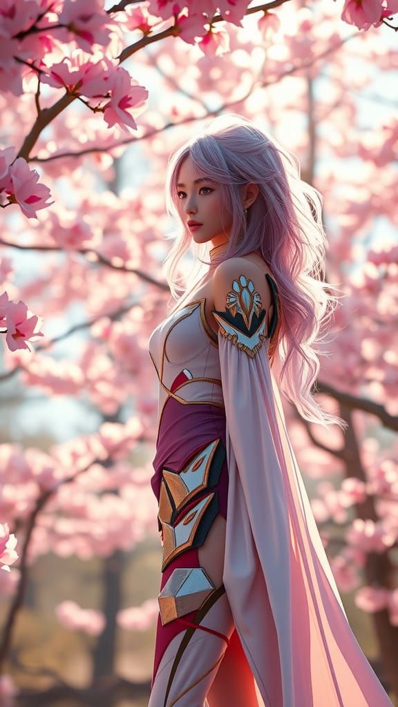 Girl Amidst Cherry Blossom Forest in Cyberpunk Style