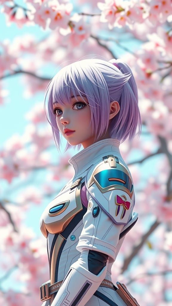 Girl Amid Cherry Blossoms in Vibrant 3D Anime Style