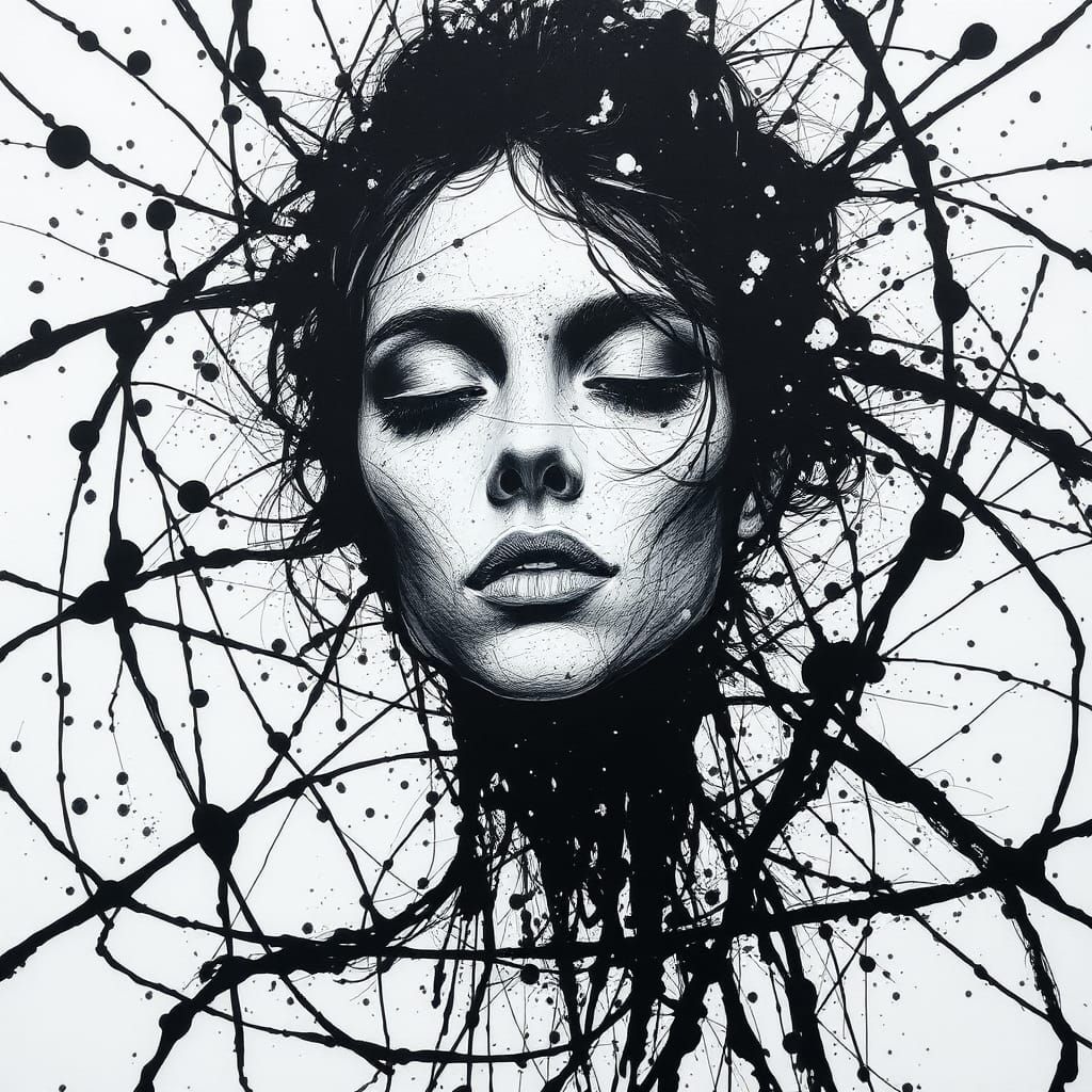 Woman's Face in Abstract Expressionist Ink Splatter