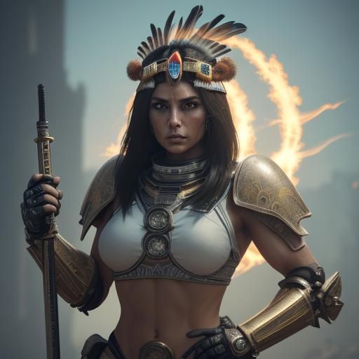 Aztec Warrior Woman with Flaming Sword in Cyberpunk Style