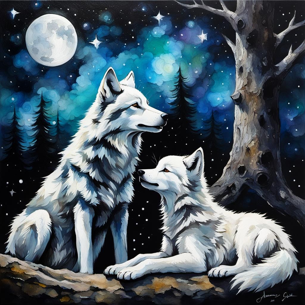 Wolf Cubs Stargazing: Alcohol Ink Art