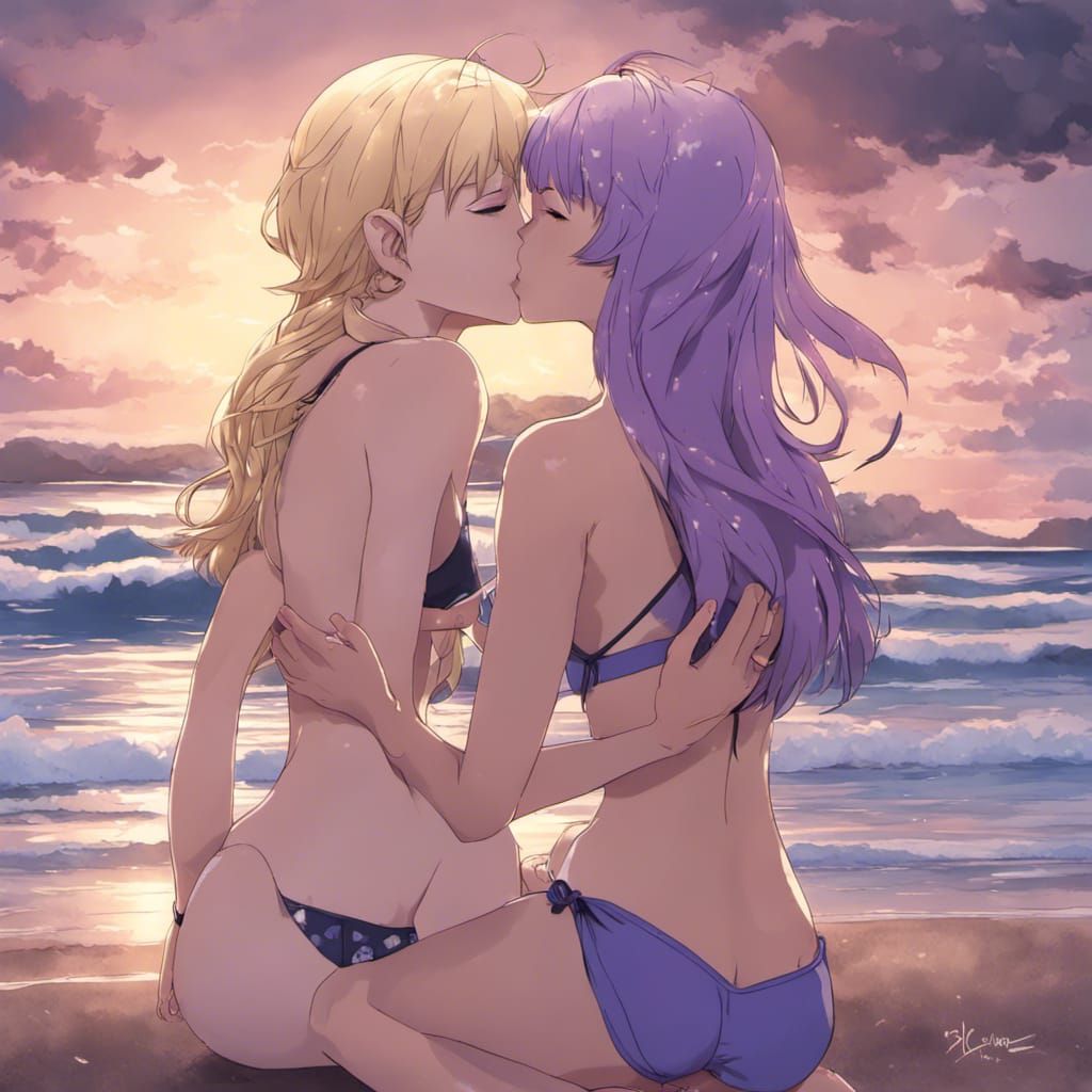 Anime Style: Blonde and Purple Haired Girls Kissing