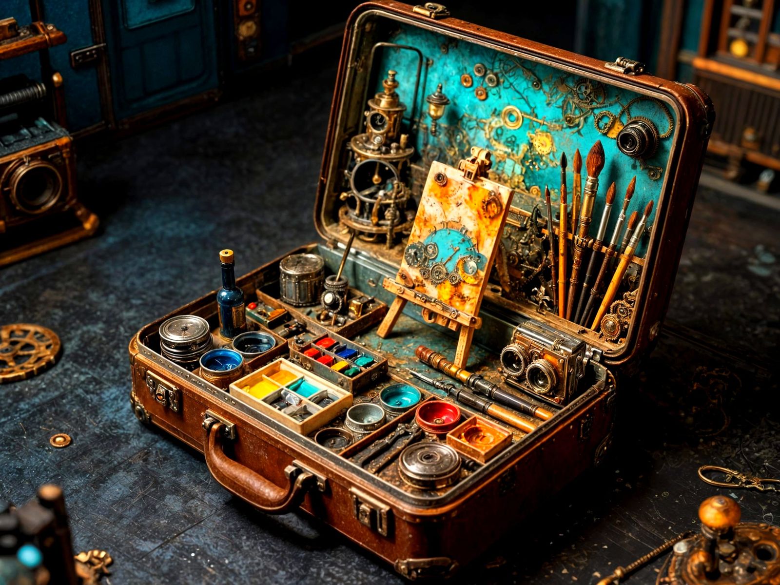 Steampunk Artist's Toolkit Diorama in Vintage Suitcase