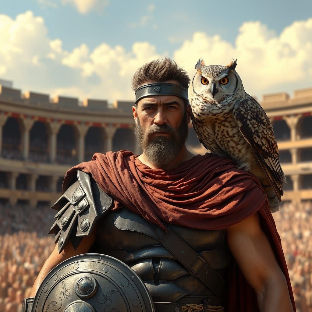 Roman Gladiator with Majestic Owl Companion