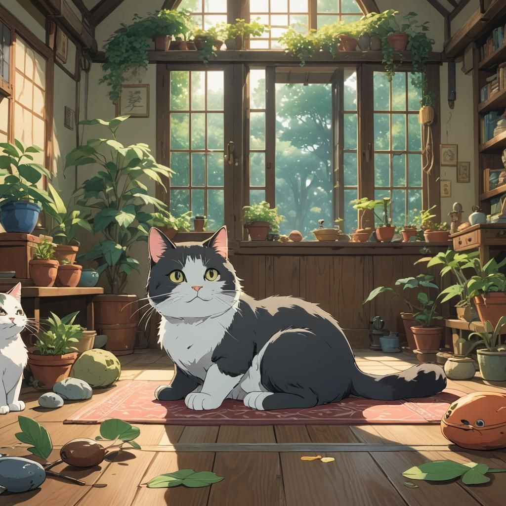Anime Cat Doing Yoga, Ghibli Style