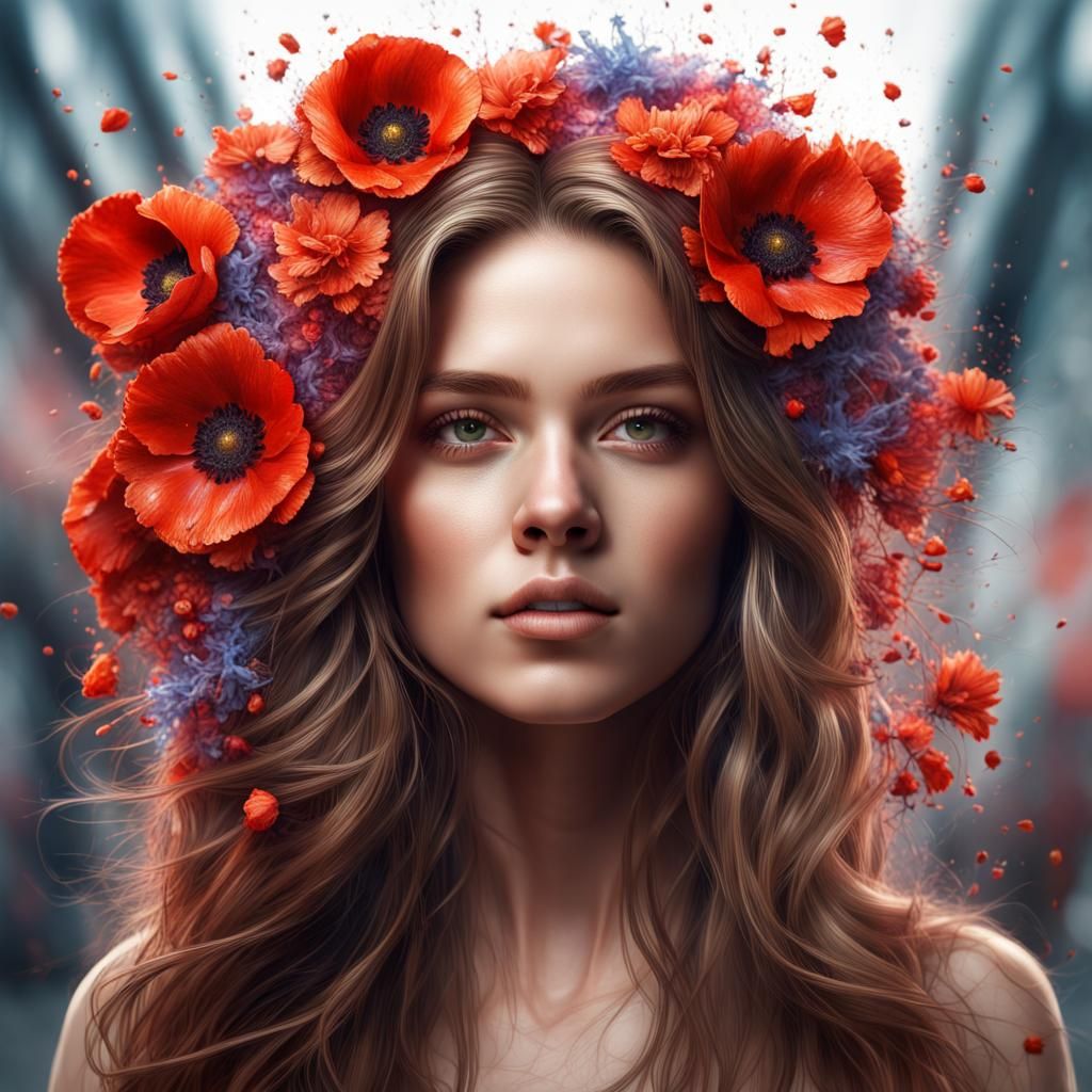 Floral Explosion Portrait in Hyperrealistic Style